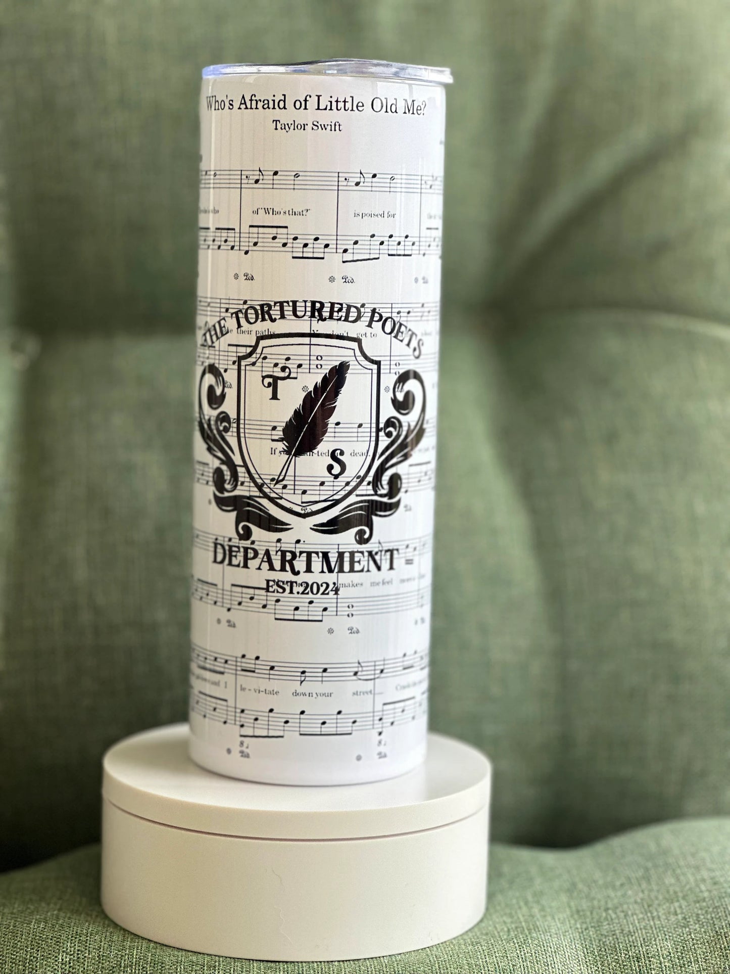 20oz Tortured Poet Skinny Stainless Steel cup with plastic lid and plastic straw